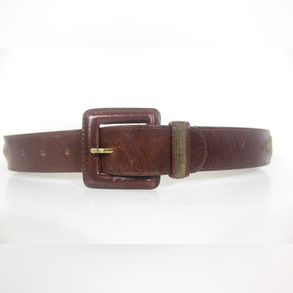 Cognac Brown Italian Leather Belt with Suede Diamond Inserts Square Self Covered
